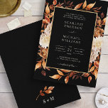 Black Fall Floral Wedding Invitation<br><div class="desc">Black Fall Floral Wedding Invitation. This elegant wedding invitation features beautiful hand-painted watercolor burnt orange and terracotta leaves, cream and beige dahlias, and beautiful rust and brown roses on a white background, perfect for an autumn wedding! The back of the invite has a beautiful branch of leaves with the bride...</div>