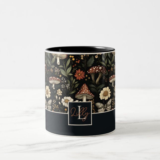 Black Fall Mushrooms and Flowers pattern Two-Tone Coffee Mug (Center)