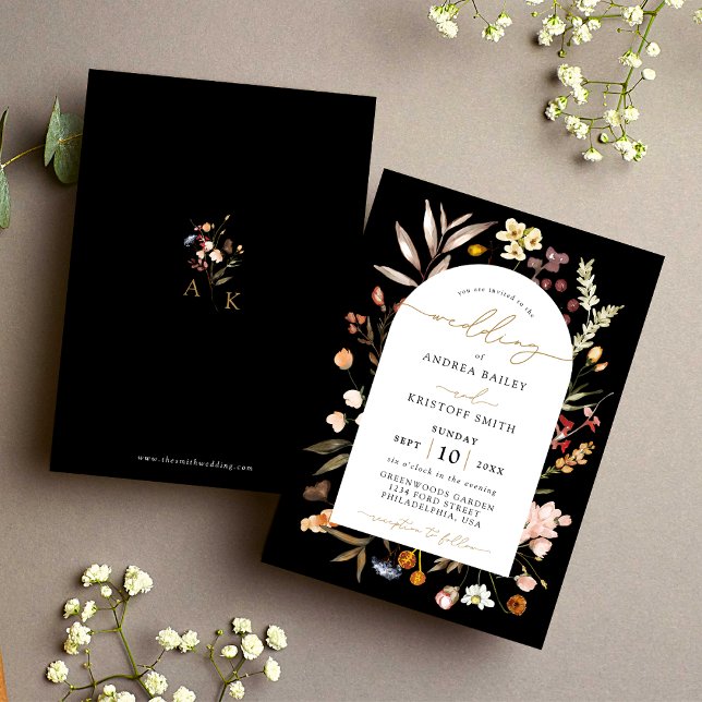 Black Fall Wildflower Boho Garden Arch Wedding Invitation (Creator Uploaded)