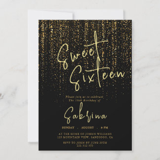 Black Falling Golden Sparkles Sweet 16 Birthday Invitation