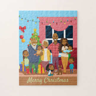 Black Family Christmas Scene with Grandparents Jigsaw Puzzle
