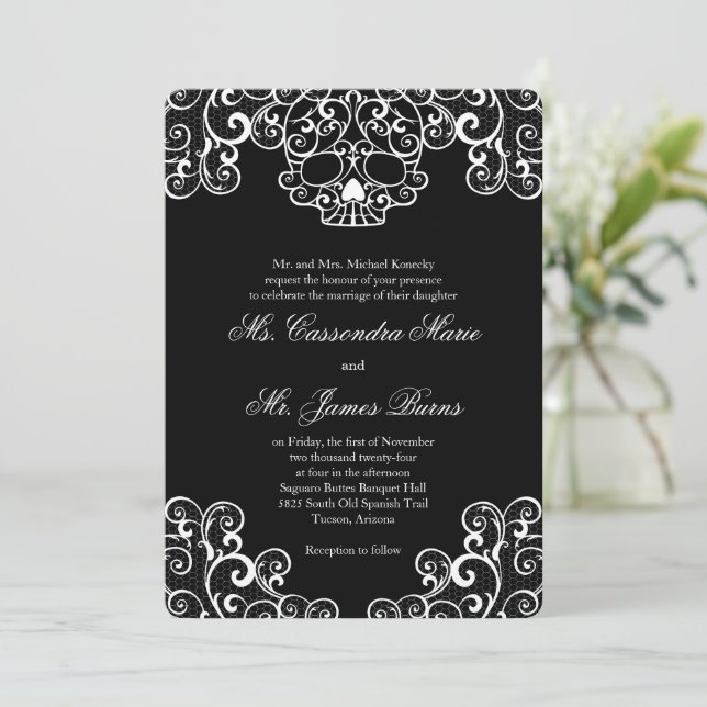 Black Fancy Lace Skull Wedding Invitation (Standing Front)