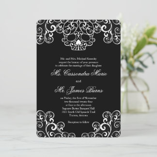 Black Fancy Lace Skull Wedding Invitation