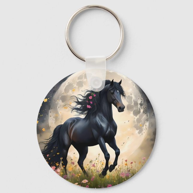 Black Fantasy Horse In Front Of The Moon, Key Ring (Front)
