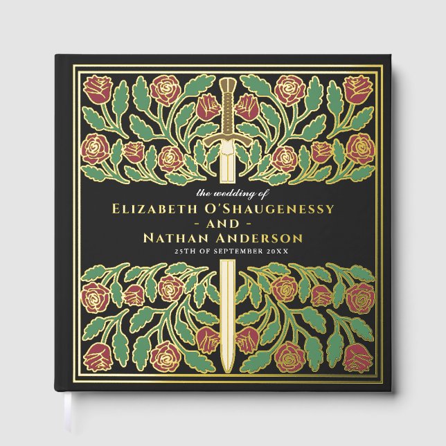 Black Fantasy Royal Mediaeval Sword Wedding Guest Book (Front)