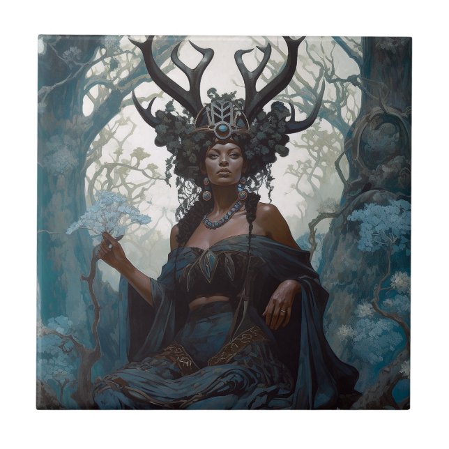 Black Fantasy Sorceress Magic Fantasy Ceramic Tile (Front)