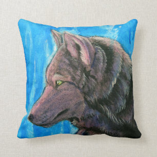 Black Fantasy Wolf on Blue Pillow