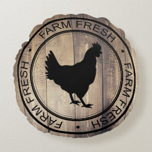 Black Farm Fresh Black Hen Farmhouse Label Round Cushion