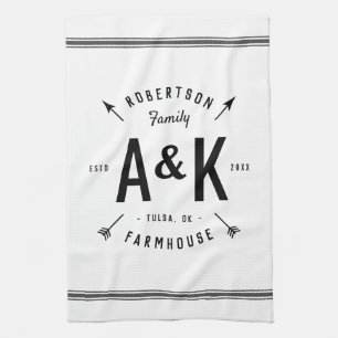 Black Farmhouse Arrow Monogram   Editable Colours Tea Towel