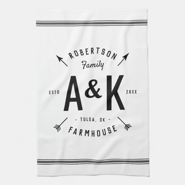 Black Farmhouse Arrow Monogram | Editable Colours Tea Towel (Vertical)