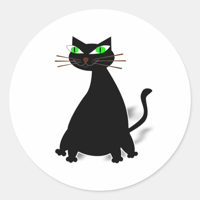 Black Fat Cat With Green Eyes Classic Round Sticker (Front)