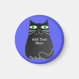 Black Fat Cat With Green Eyes Custom Text Blue Magnet