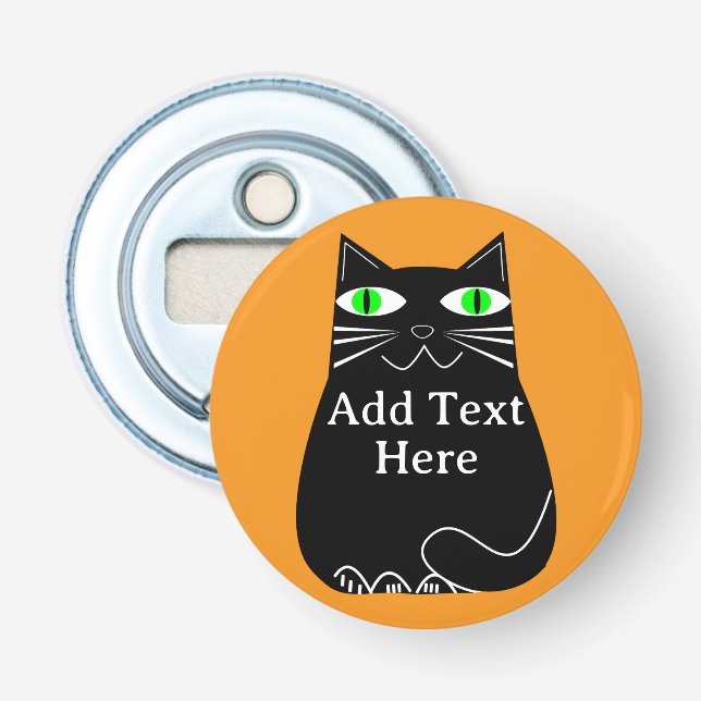 Black Fat Cat With Green Eyes Custom Text Bottle Opener (Front)