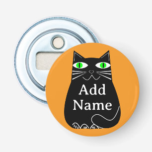 Black Fat Cat With Green Eyes Custom Text Bottle Opener