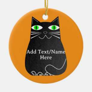 Black Fat Cat With Green Eyes Custom Text Ceramic Ornament