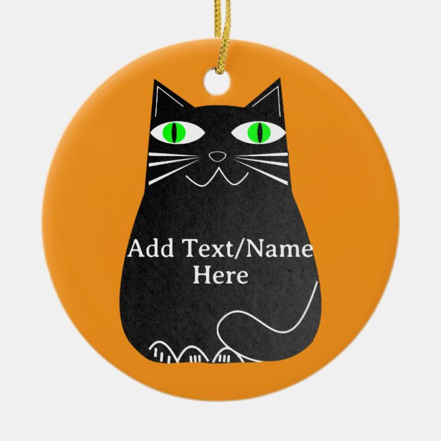 Black Fat Cat With Green Eyes Custom Text Ceramic Ornament (Front)