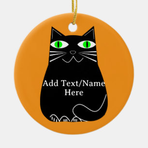 Black Fat Cat With Green Eyes Custom Text Ceramic Ornament