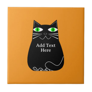 Black Fat Cat With Green Eyes Custom Text Ceramic Tile
