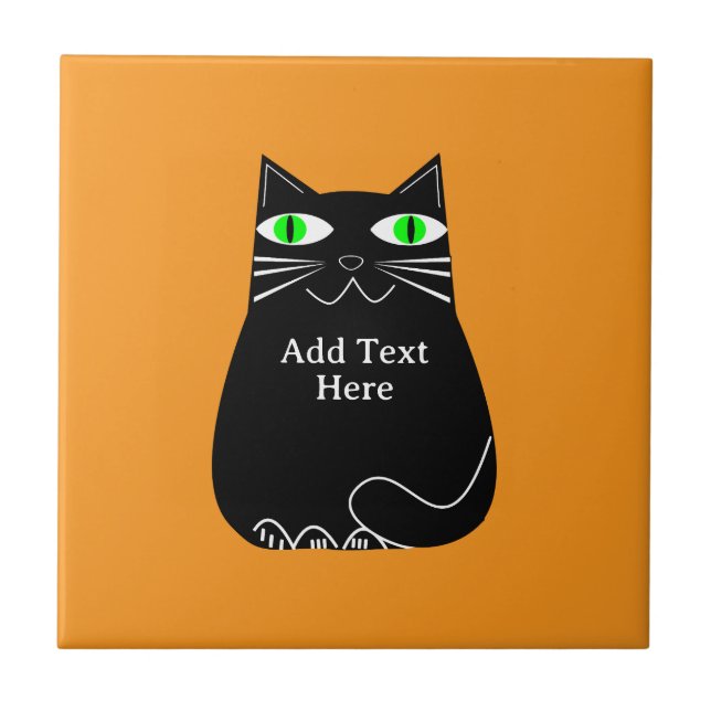 Black Fat Cat With Green Eyes Custom Text Ceramic Tile (Front)