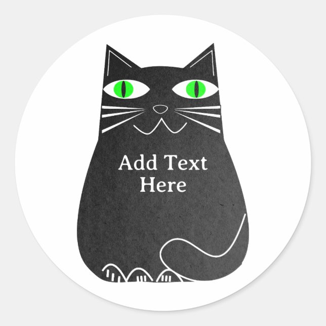 Black Fat Cat With Green Eyes Custom Text Classic Round Sticker (Front)