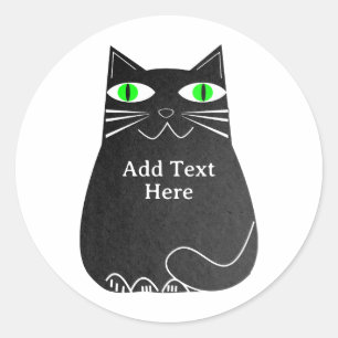 Black Fat Cat With Green Eyes Custom Text Classic Round Sticker