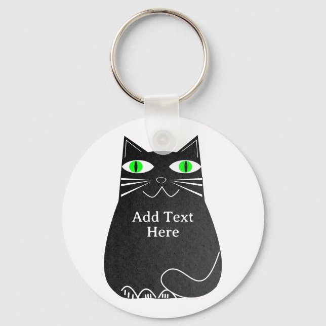 Black Fat Cat With Green Eyes Custom Text Key Ring (Front)