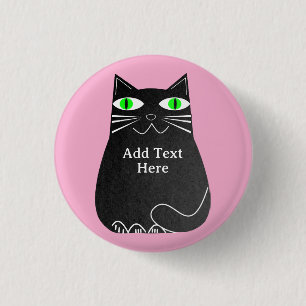 Black Fat Cat With Green Eyes Custom Text Pink 3 Cm Round Badge