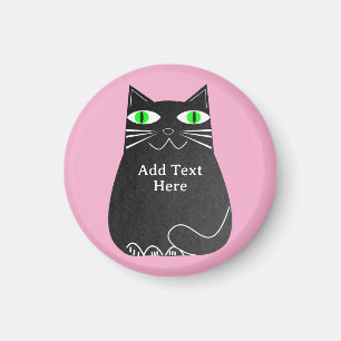 Black Fat Cat With Green Eyes Custom Text Pink Magnet