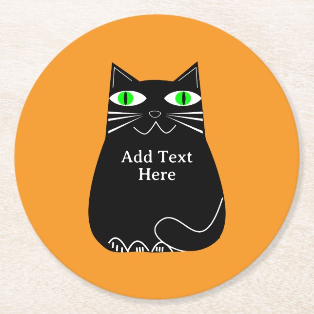 Black Fat Cat With Green Eyes Custom Text Round Paper Coaster (Front)