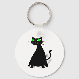 Black Fat Cat With Green Eyes Key Ring