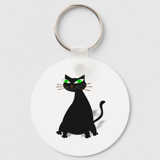 Black Fat Cat With Green Eyes Key Ring (Front)