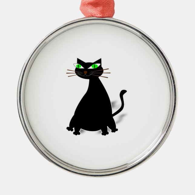 Black Fat Cat With Green Eyes Metal Tree Decoration (Front)
