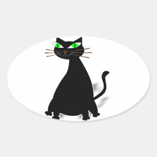 Black Fat Cat With Green Eyes Oval Sticker