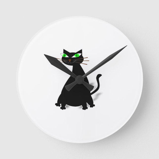 Black Fat Cat With Green Eyes Round Clock (Front)