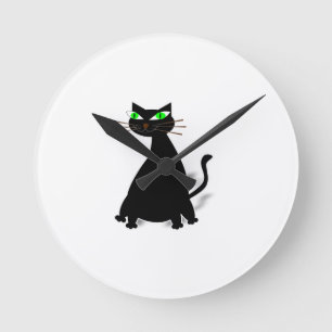 Black Fat Cat With Green Eyes Round Clock
