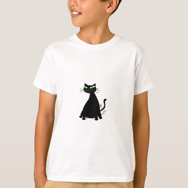 Black Fat Cat With Green Eyes T-Shirt (Front)