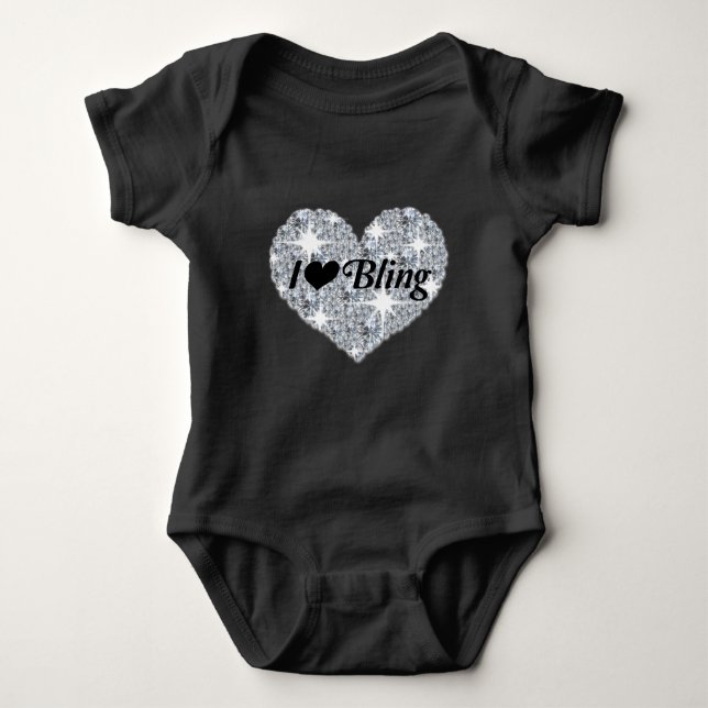Black Faux diamond heart 'I Love Bling' design Baby Bodysuit (Front)