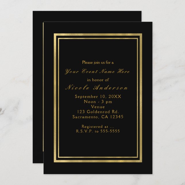 Black & Faux Foil Gold Chic Elegant Invitations (Front/Back)