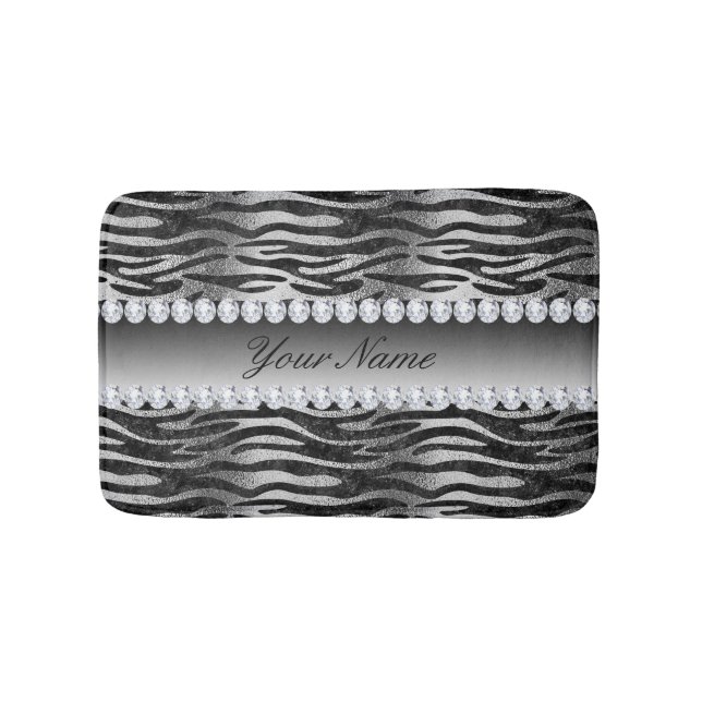 Black Faux Foil Zebra Stripes on Silver Bath Mat (Front)