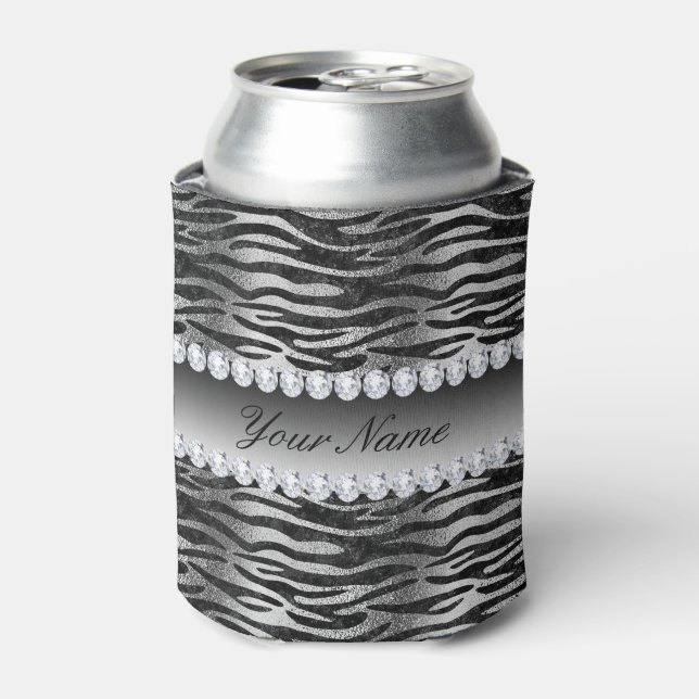 Black Faux Foil Zebra Stripes on Silver Can Cooler (Can Front)