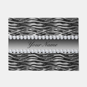 Black Faux Foil Zebra Stripes on Silver Doormat
