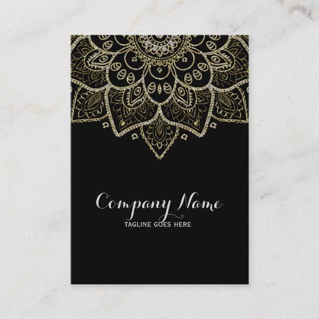 Black Faux Glitter And Gold Floral Mandala Business Card (Front)