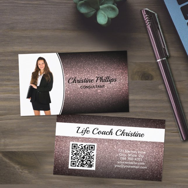 Black Faux Glitter Custom Professional Photo QR Co Business Card (Creator Uploaded)