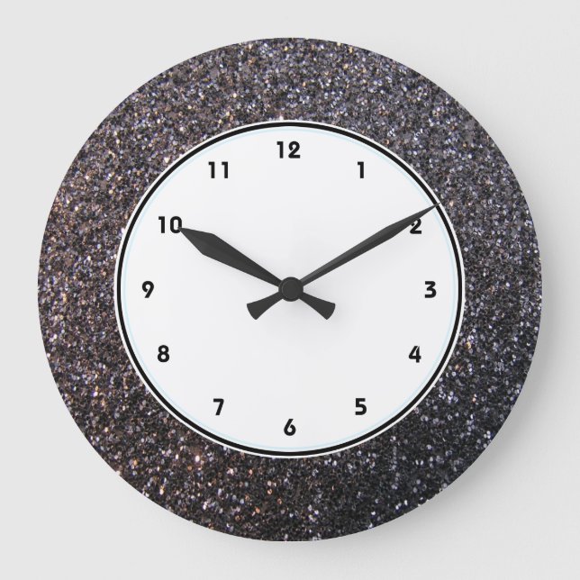 Black faux glitter graphic large clock (Front)
