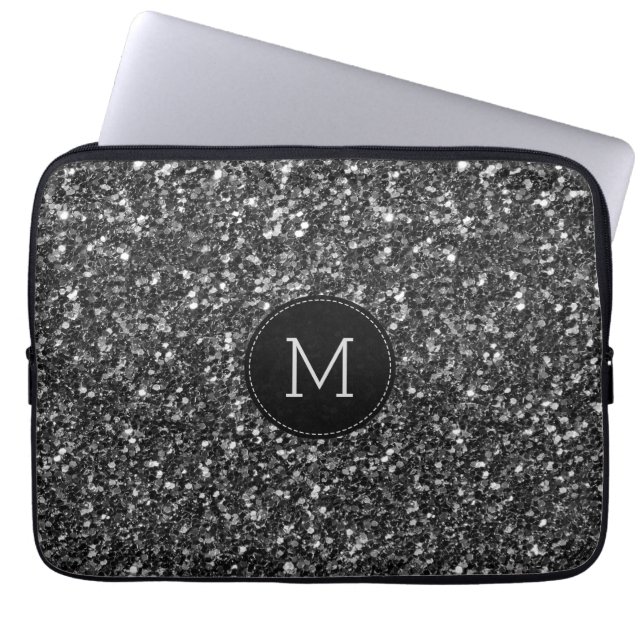Black Faux Glitter Monogram Laptop Sleeve (Front)