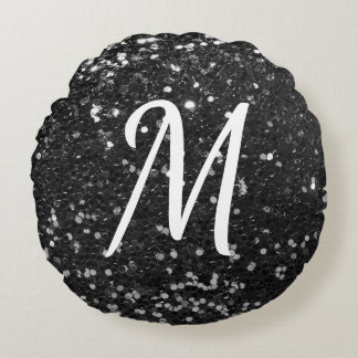 Black Faux Glitter White Custom Initial Round Cushion