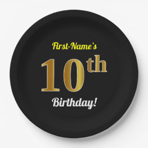 Black, Faux Gold 10th Birthday + Custom Name Paper Plate
