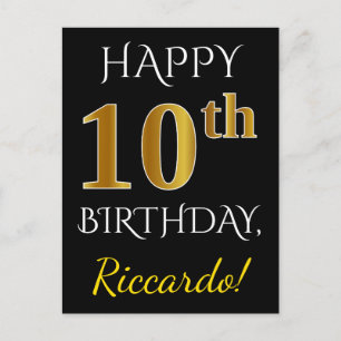 Black, Faux Gold 10th Birthday + Custom Name Postcard