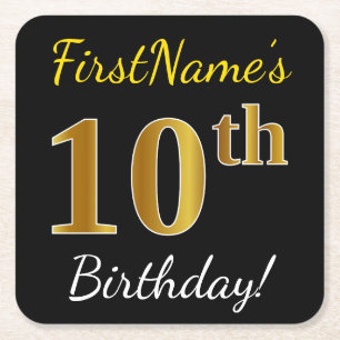 Black, Faux Gold 10th Birthday + Custom Name Square Paper Coaster