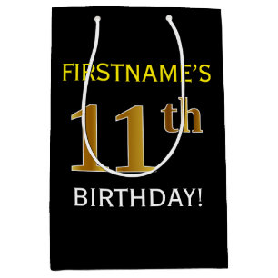 Black, Faux Gold 11th Birthday + Custom Name Medium Gift Bag